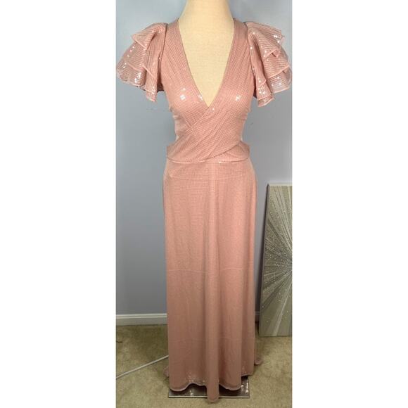 Mac Duggal Sequined Ruffled Cutout Lace Up Rose Pink Maxi Gown Sz 8 - Picture 3 of 14